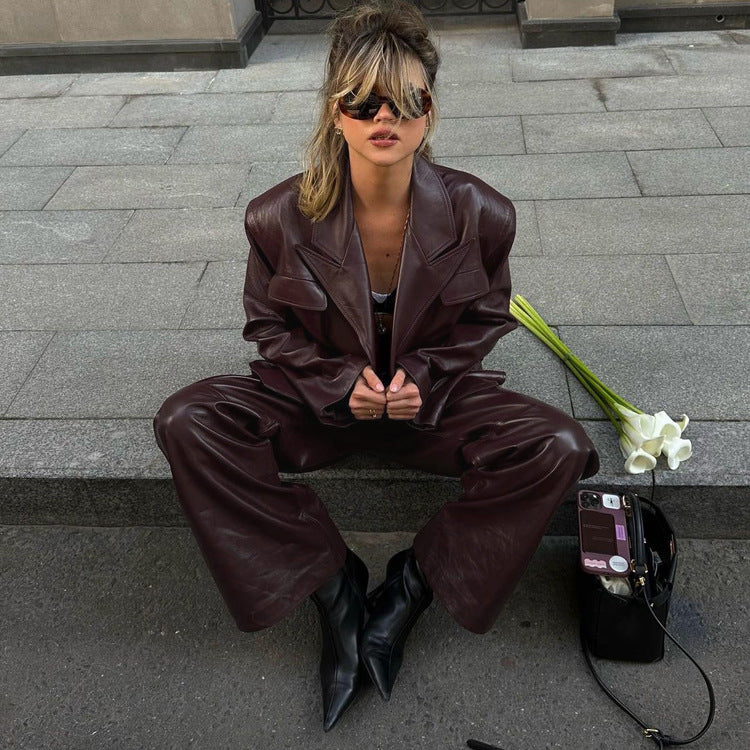 Spring and Autumn New Vintage Green Fruit Collar with Belt, Leather Jacket, High Waist Leather Pants, Fashion Set for Women