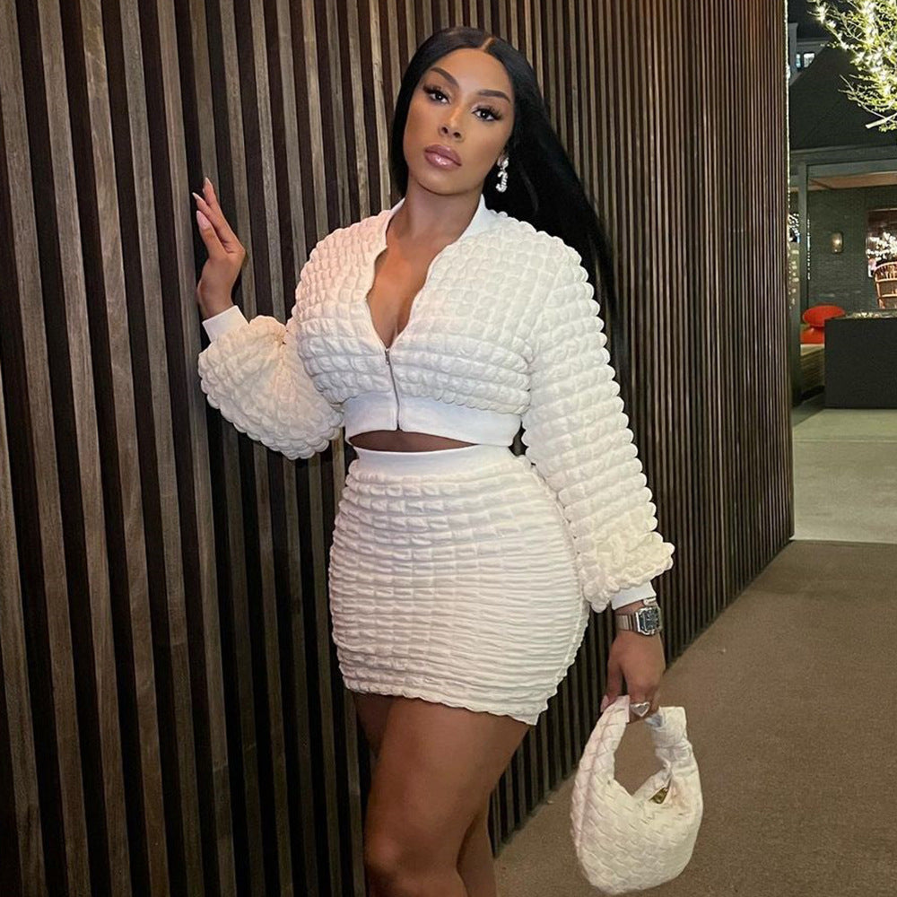 Fashion Casual Fitted Bubble Grid Zipper Top and Pencil Skirt Set
