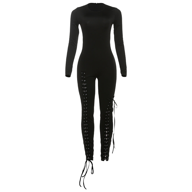 Autumn Winter Women's New Long Sleeve Fashion Sexy Cut-Out Tie-Up Bodycon Long Jumpsuit