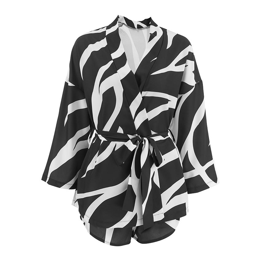 Ladies' Silk-Like Printed Loose Ice Silk Sleepwear Set with Open Front Long Sleeve and Slit Shorts