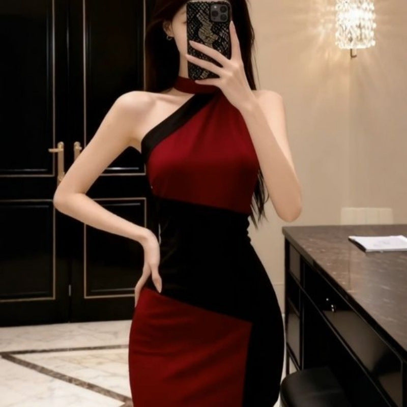 Sexy Color-Blocked Sleeveless Off-Shoulder Halter Dress