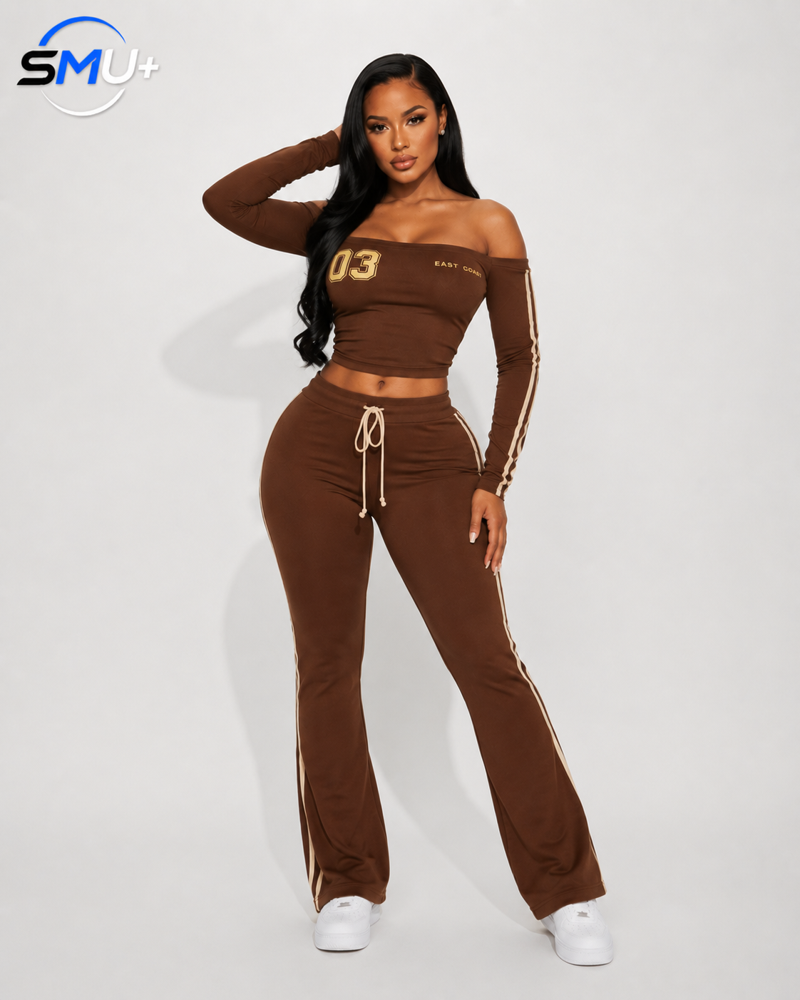 Off-Shoulder Letter Long Sleeve Top and Wide Leg Pants Athletic Set