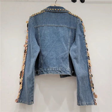 Heavy Work Sequins Diamonds Rivet Denim Jacket Women Loose Short Cowboy Outerwear Autumn Vintage Blue Jeans Jacket Coat Female