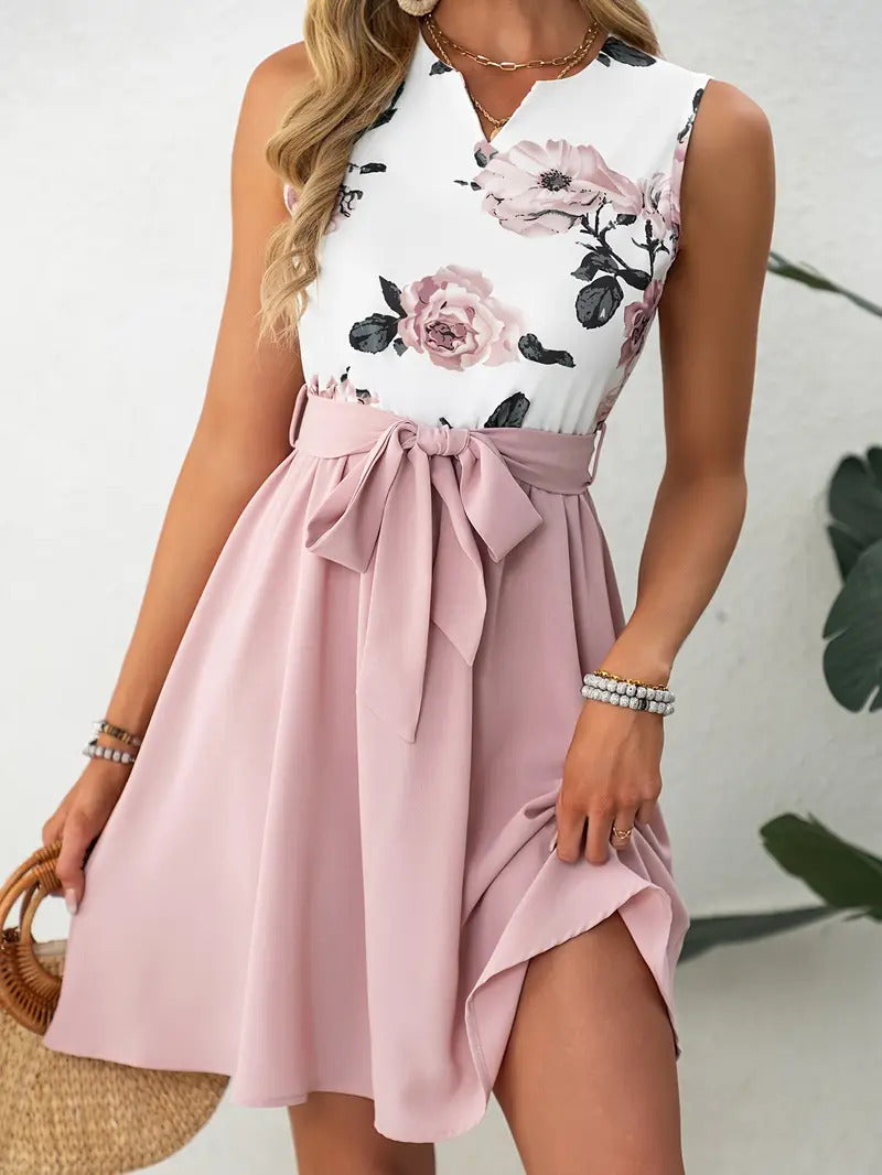 Chic Retro Polka Dot Floral Print Short Sleeve Round Neck Slim Fit Knee-Length Dress