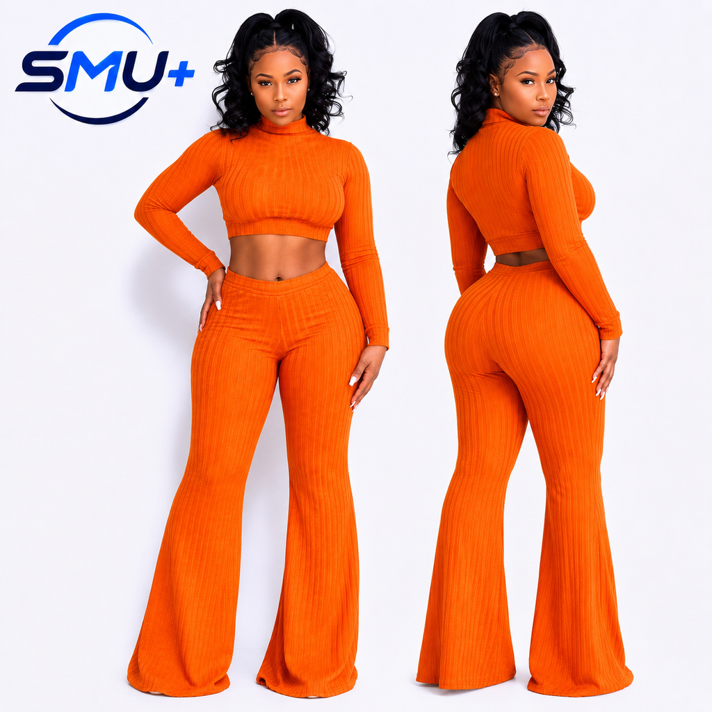 Round neck top and wide leg pants two-piece set