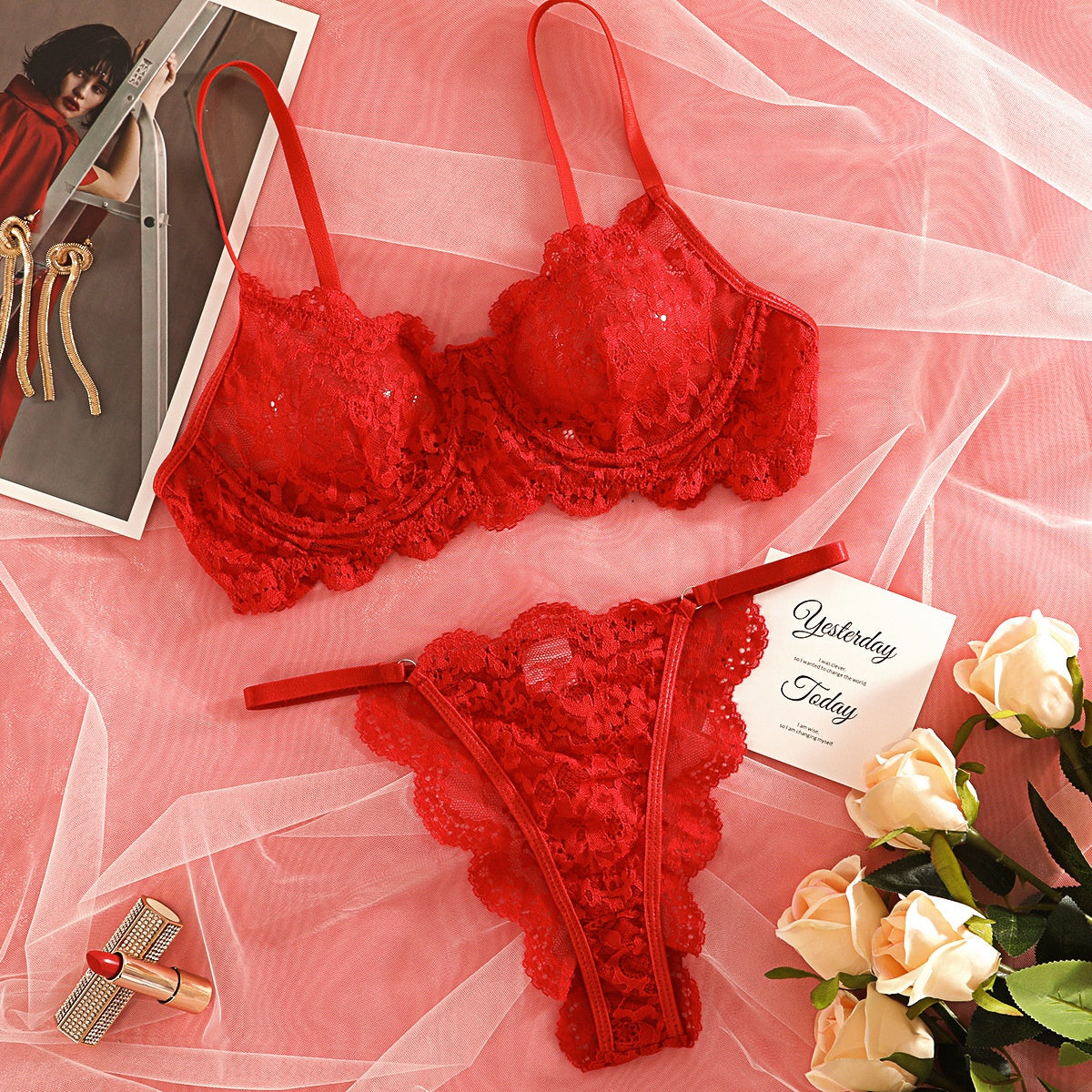 Lace Trim Sheer Lingerie Set for Women