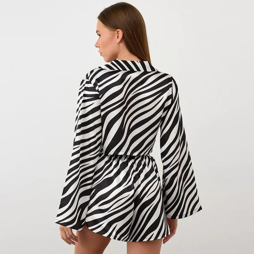Stripe Short Sleeve Long Sleeve Split Shorts Two-Piece Set Cool Touch Ice Silk Women's Loungewear
