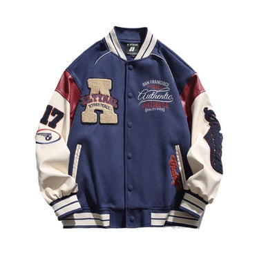 Style Streetwear Baseball Jacket for Men,Couple BF Style Embroidered Jacket, Loose Fit Patchwork Casual Outerwear