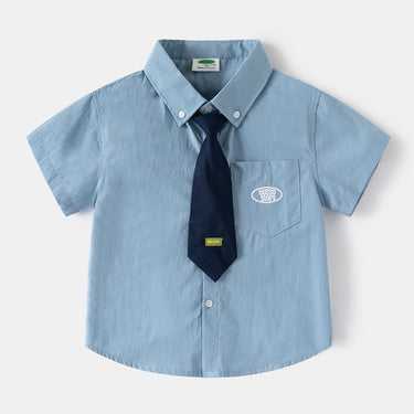 Boy's Summer New Kids Tie Short Sleeve Shirt College Style Short Sleeve Shirt