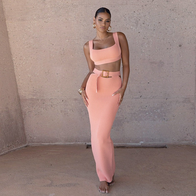 Long dress casual two-piece set, sexy buttocks, slimming suspender top, belt, temperament half skirt set on SMU plus