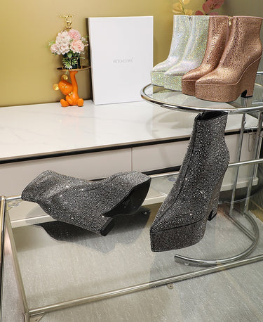 Sequined Crystal Ankle Boots High Heel Platform Wedge Shoes Winter Short Boots Fashion Stage Shoes