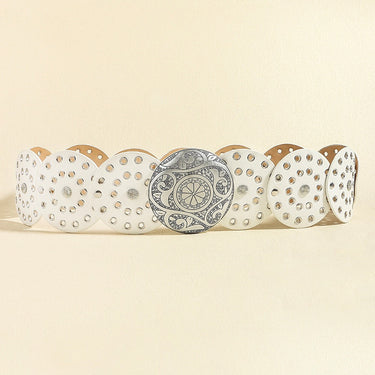 New Vintage Denim Western Style Personalized Belt for Women's Exaggerated Round Hollow Metal Wide Belt