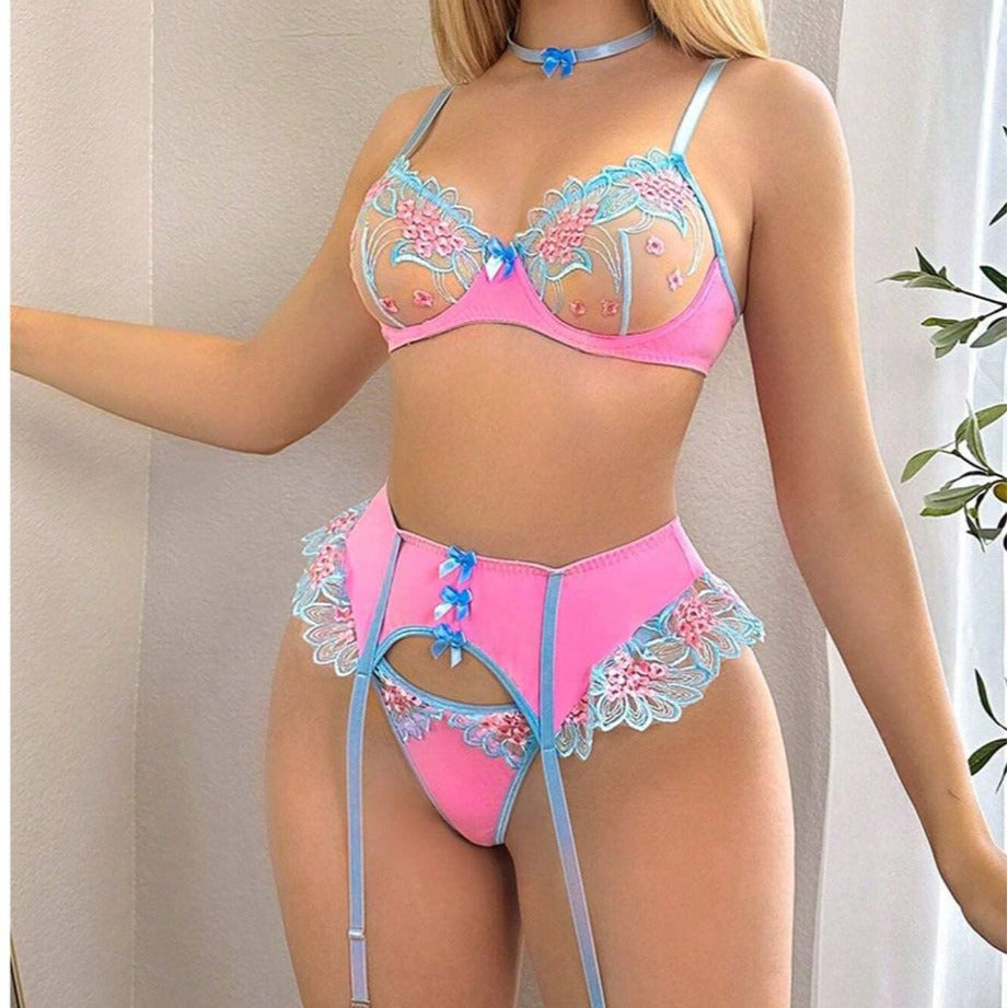 Embroidered flower with steel ring bra garter belt leg circumference thong lingerie four piece set