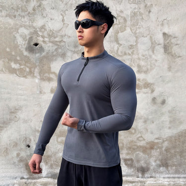 Spring and Autumn Outdoor Quick-Dry Half-Zip Long Sleeve T-Shirt for Men, Casual Hooded Running Fitness Training Sport Top