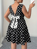 Polka Dot Print Dress with Color Block Bow, Plus Size Women's Dress