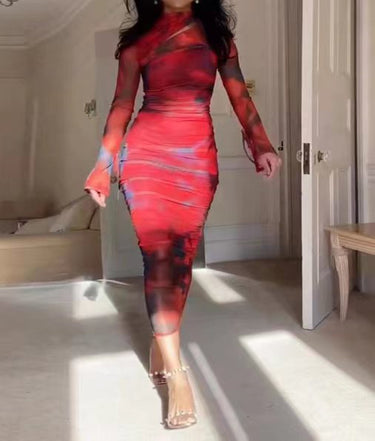 Wefads Women Maxi Dress Fashion Office Printed Long Sleeve Hollow Out Round Neck Nipped Waist Slim Party Dresses Streetwear