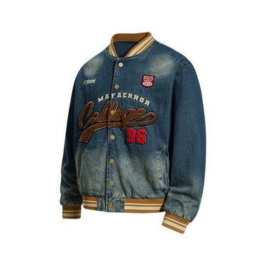 Vintage Washed Letter Embroidery Baseball Jacket for Men and Women, Loose Casual Trendy Couple Denim Jacket