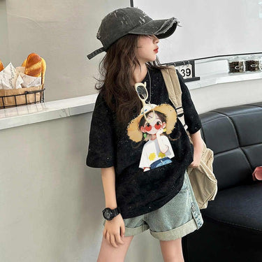 Girls' Round Neck Tie-Dye Top  Mid-Large Child T-Shirt Kids Short Sleeve Baby