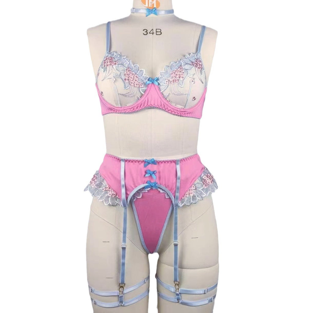 Embroidered flower with steel ring bra garter belt leg circumference thong lingerie four piece set