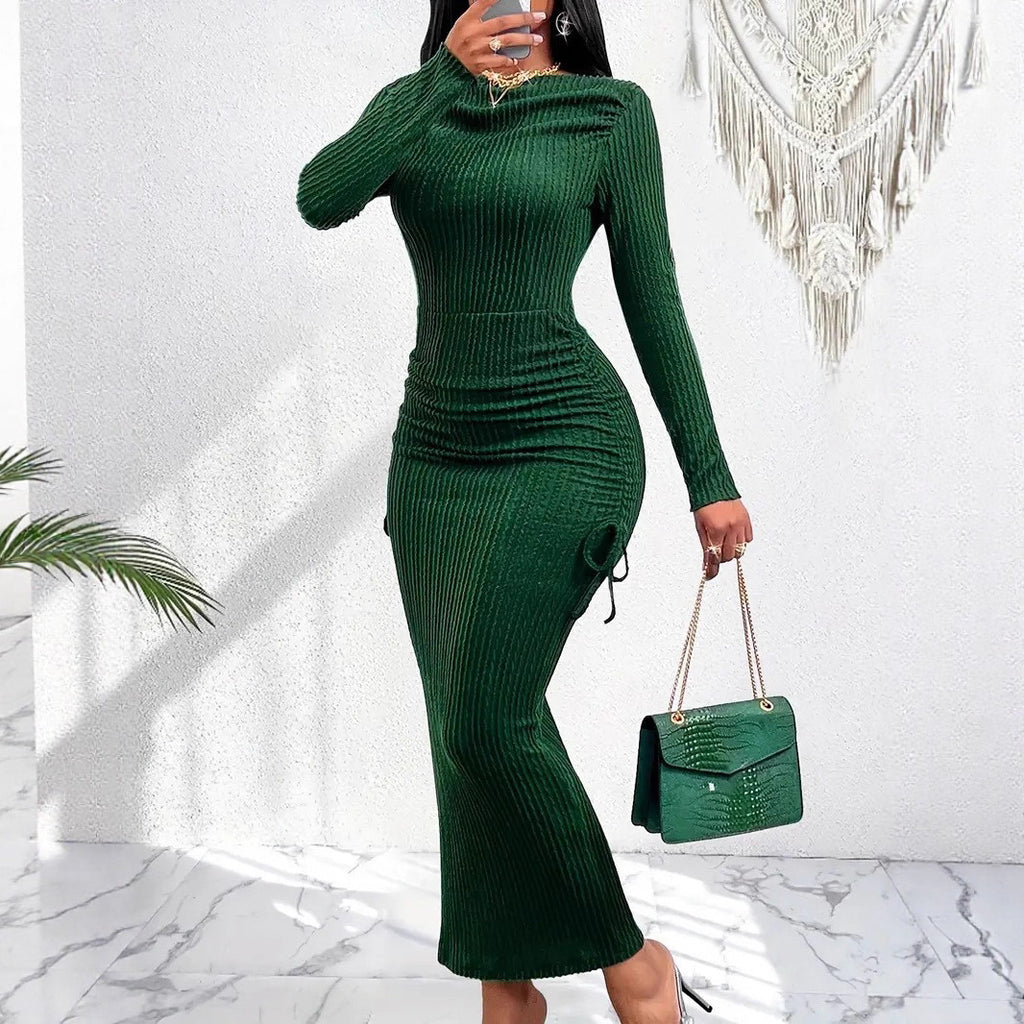 Elegant Women's High Neck Long Sleeve Fitted Ruched Drawstring Bodycon Dress