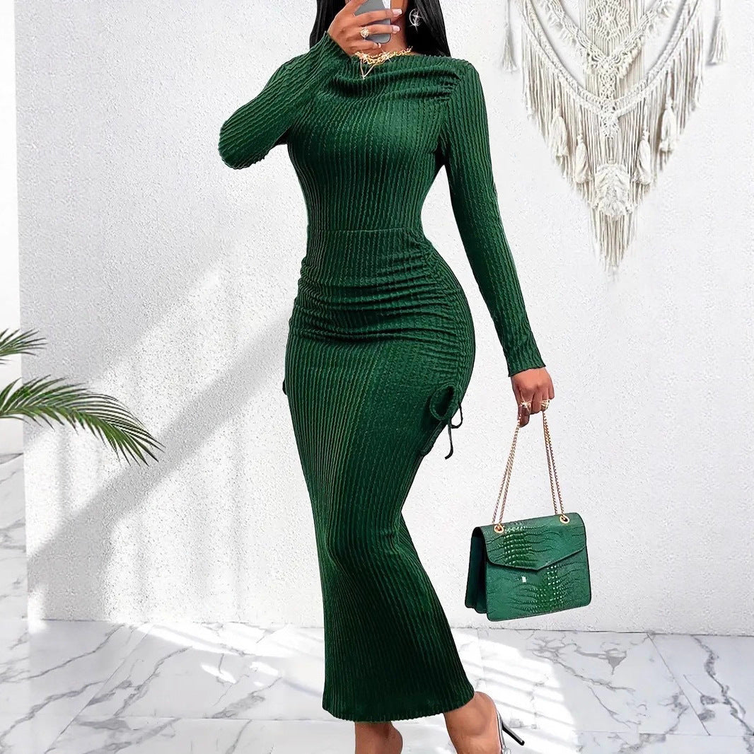 Elegant Women's High Neck Long Sleeve Fitted Ruched Drawstring Bodycon Dress