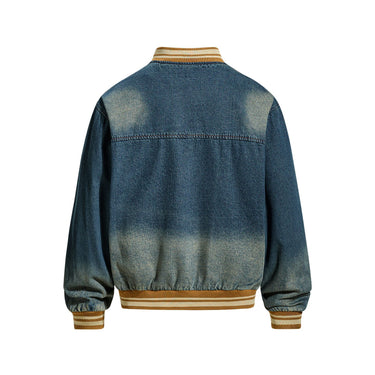 Vintage Washed Letter Embroidery Baseball Jacket for Men and Women, Loose Casual Trendy Couple Denim Jacket