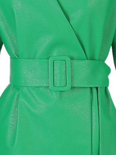 Lautaro Spring Green Pu Leather Jackets for Women with Puff Long Sleeve Belt Runway Stylish Luxury Designer Clothes