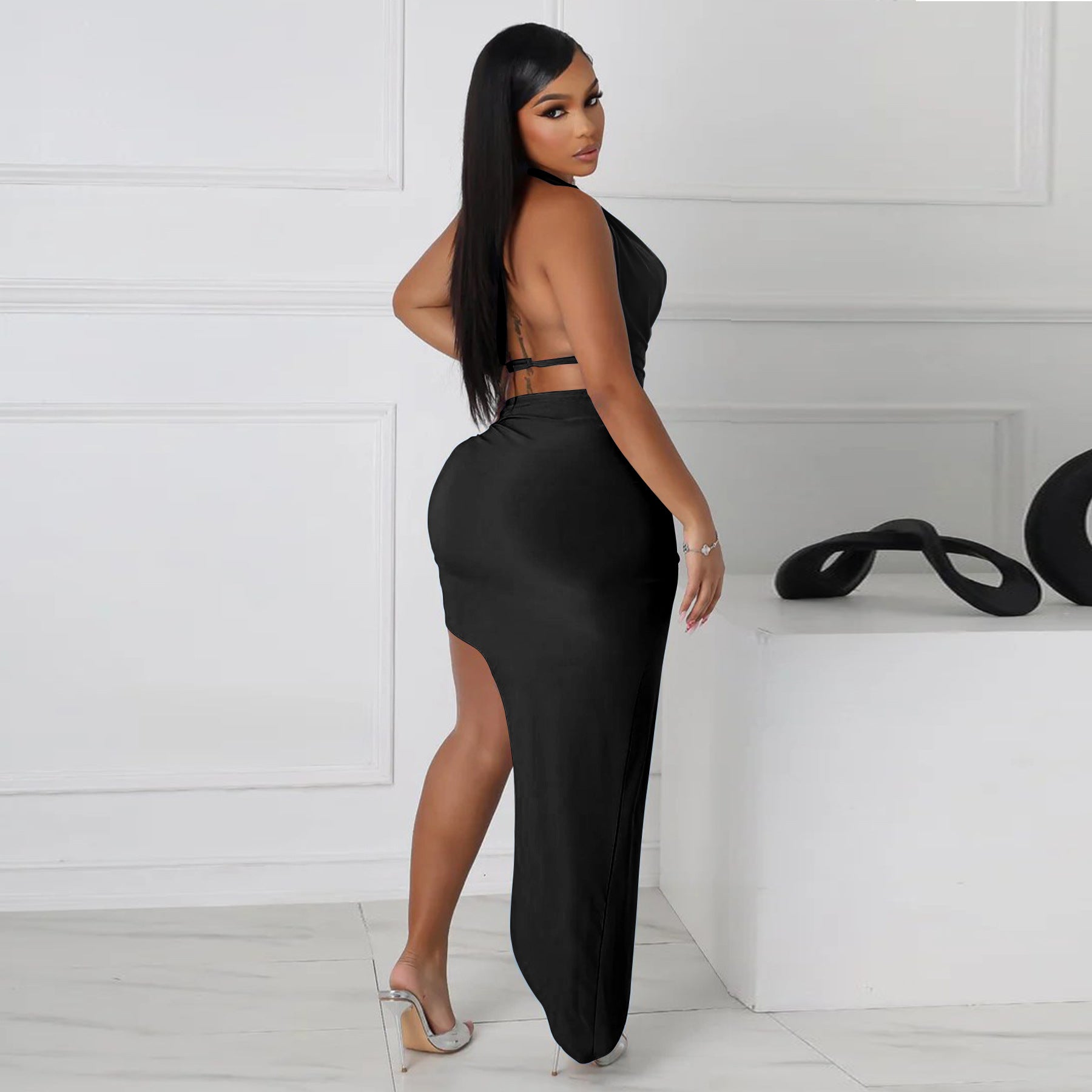 Swing collar high slit skirt set