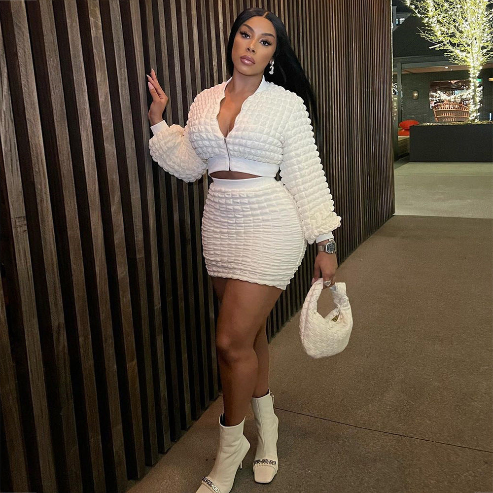 Fashion Casual Fitted Bubble Grid Zipper Top and Pencil Skirt Set