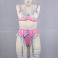 Embroidered flower with steel ring bra garter belt leg circumference thong lingerie four piece set