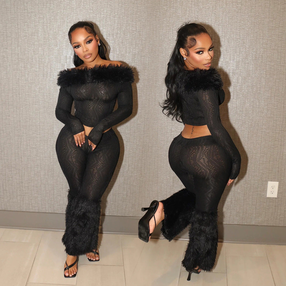 Long Sleeve One-Shoulder Top and Fitted Trousers Fluffy Two-Piece Set