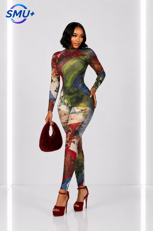 Creative 3D Digital Print Streetwear Fitted Long Sleeve Jumpsuit for Women