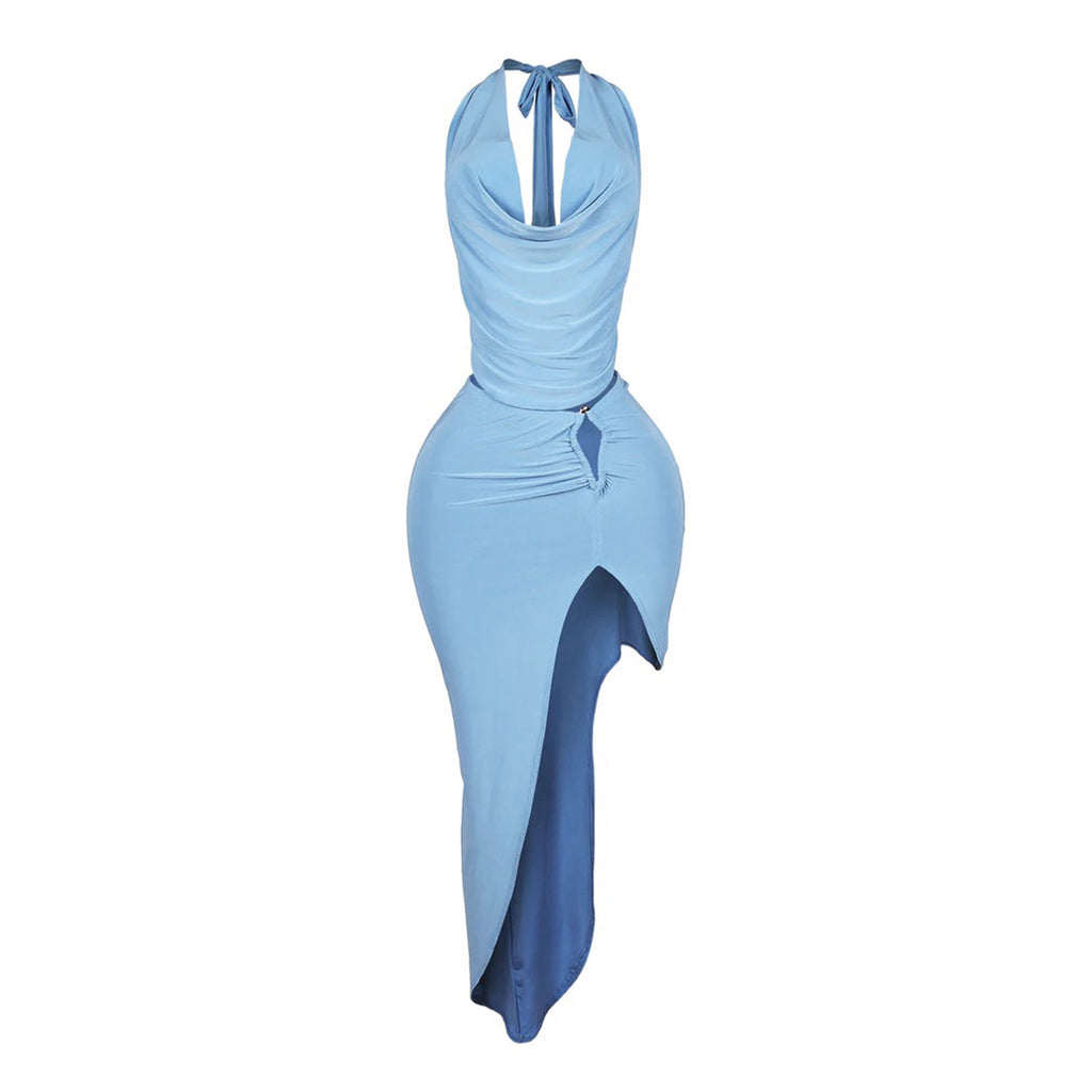 Swing collar high slit skirt set