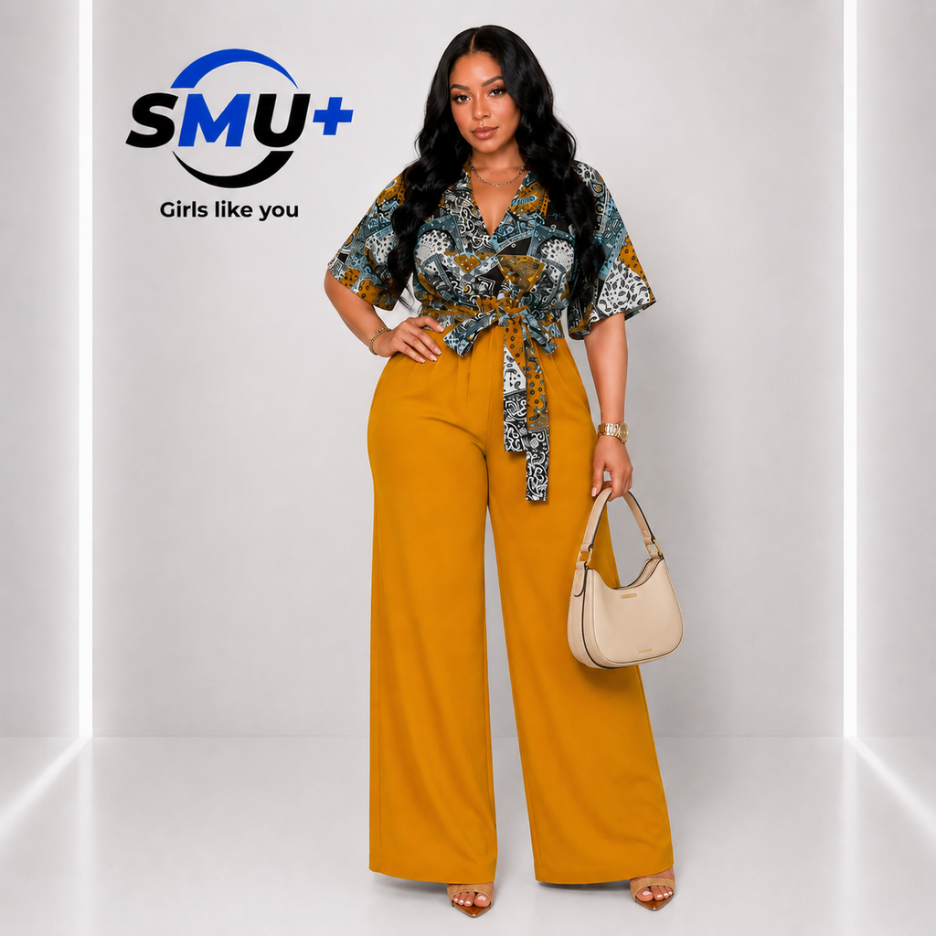 Chic Office-Style Printed Spliced V-Neck Straight Leg Jumpsuit for Women