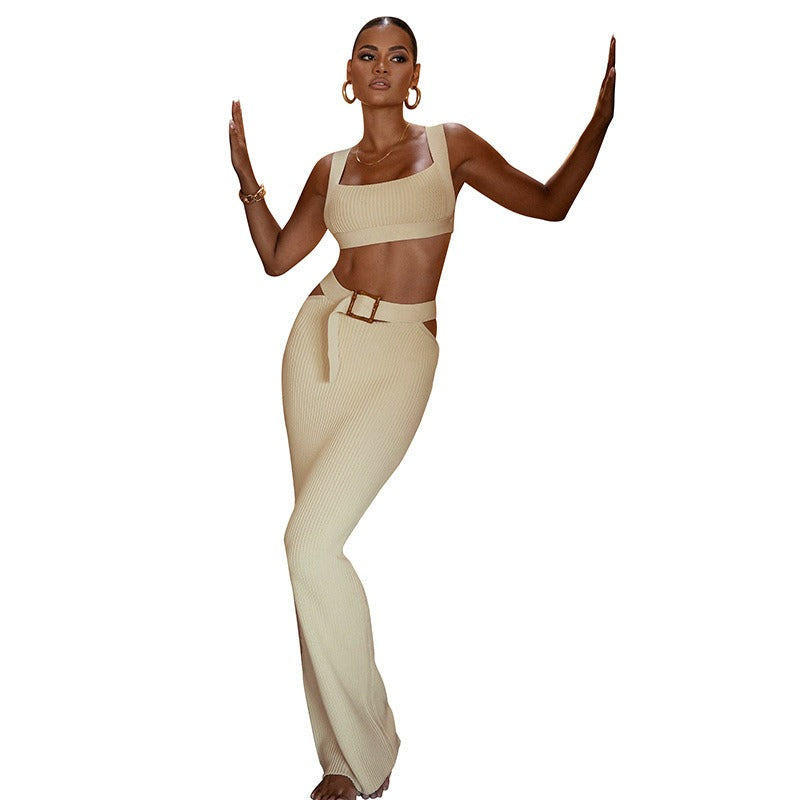 Long dress casual two-piece set, sexy buttocks, slimming suspender top, belt, temperament half skirt set on SMU plus