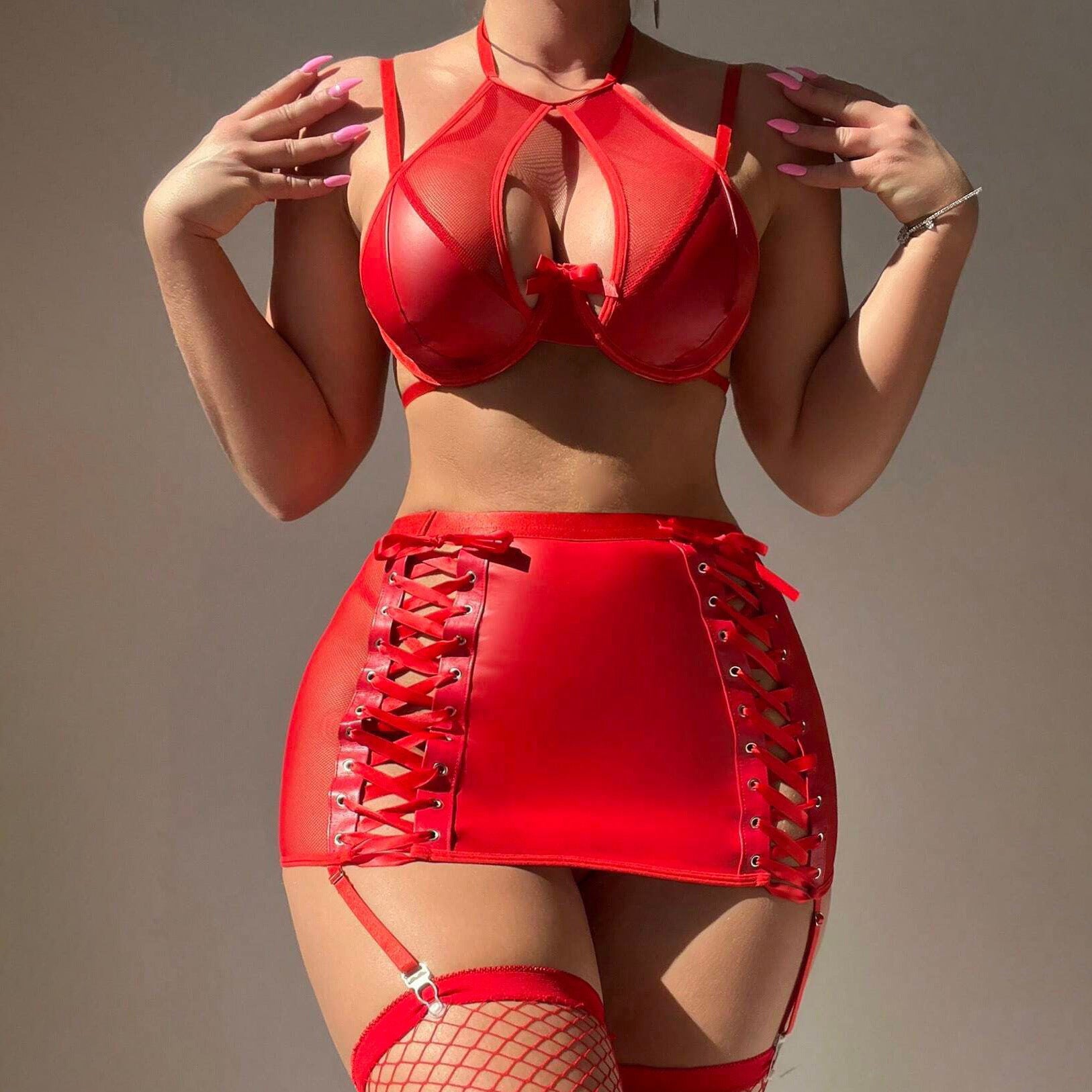 Transparent Temptation Lingerie Set with Seductive Leather Jacket and Bodycon Skirt Underwear Garter Belt Four-Piece Set