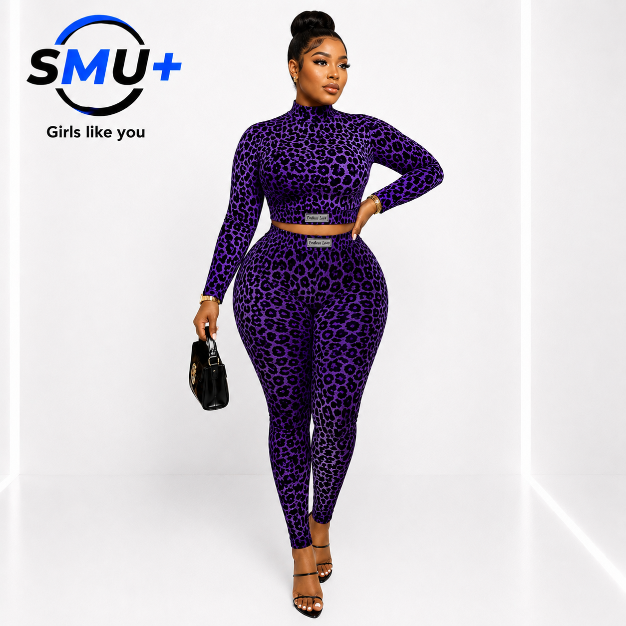 Fashion Leopard Print Long Sleeve Top High Waist Two-Piece Set Women's Outfit