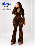 Leopard Print Lace Collar Long Sleeve Bodycon Fitted Jumpsuit