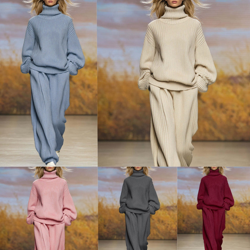 Casual Knit Loose High Neck Wide Leg Pants Set