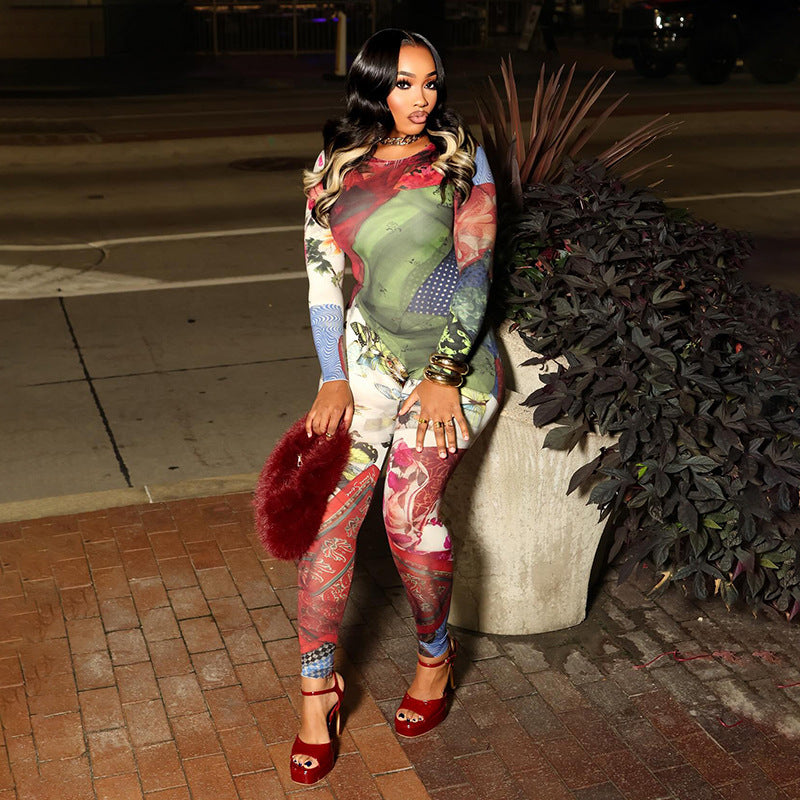 Creative 3D Digital Print Streetwear Fitted Long Sleeve Jumpsuit for Women