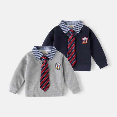 Children's Faux Two-Piece Hoodie, Boy's Shirt Collar Top, Casual Sweatshirt for Kids