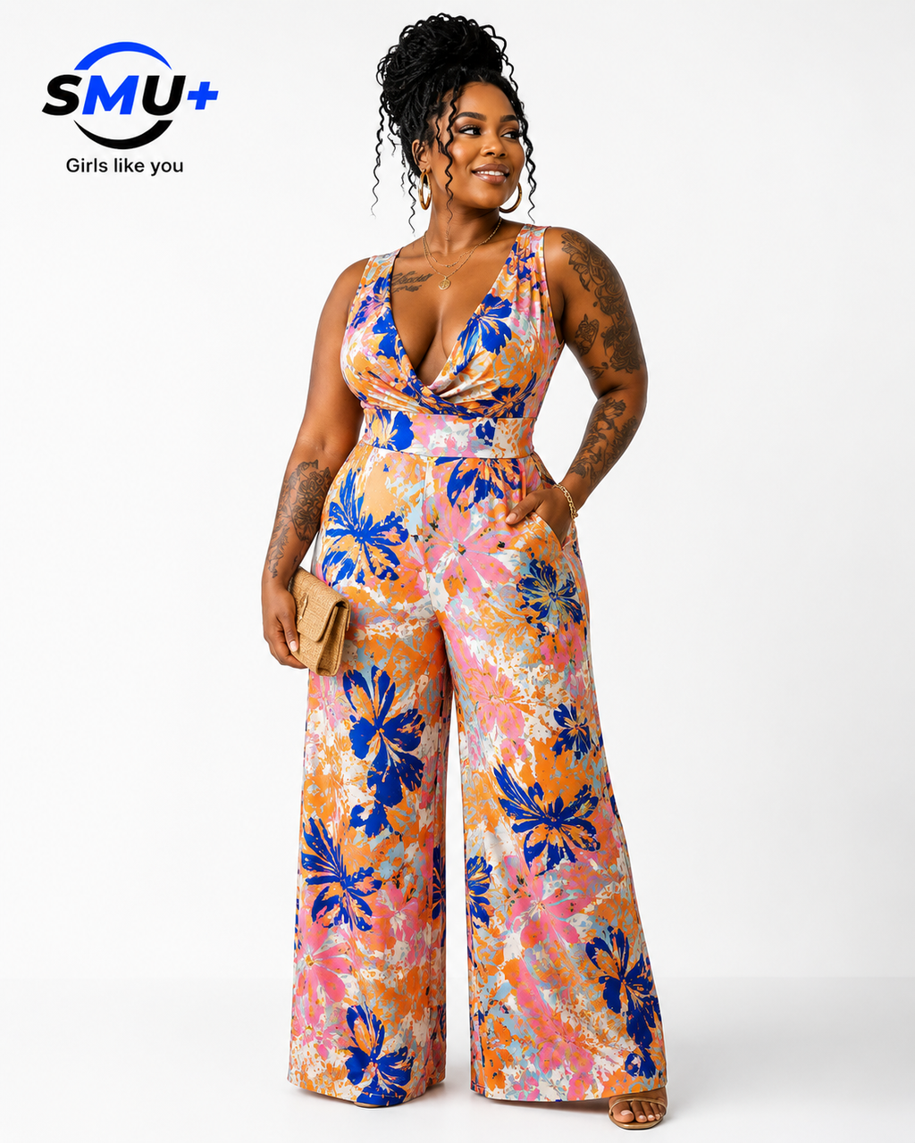 Sleeveless lace up wide leg printed jumpsuit