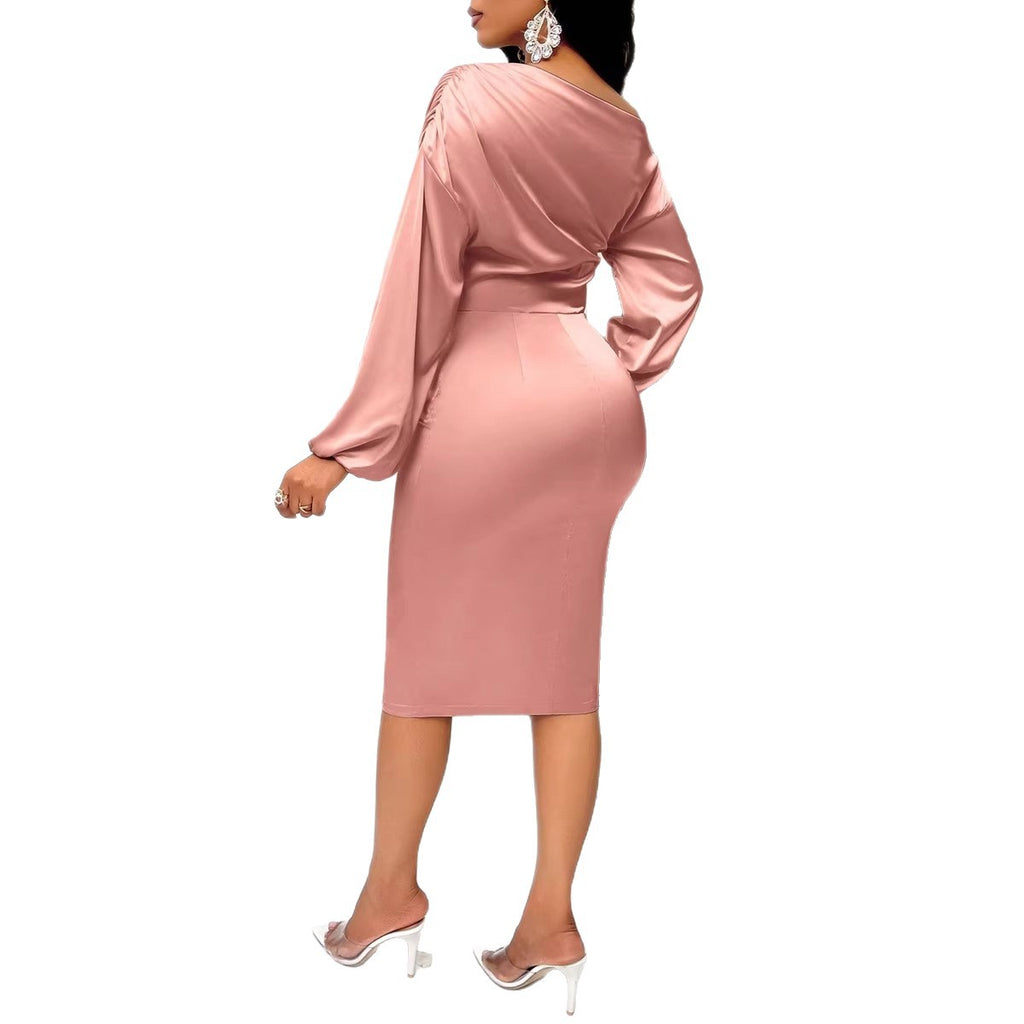 Slanted collar long sleeved dress