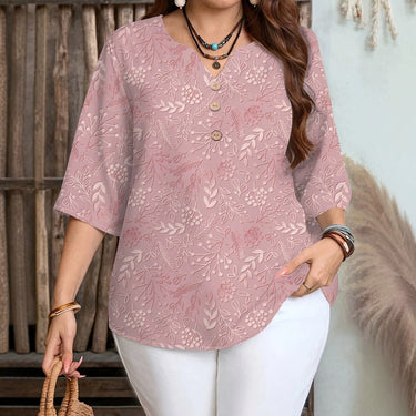 Big Size Women's Casual All-Over Print V-Neck Button Decorated Loose Short Sleeve Shirt T-Shirt