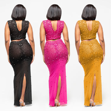 Style Women's Sexy Sheer Mesh Rhinestone Long Dress Two-Piece Set