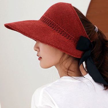Womens Summer Foldable Straw Weave Long Ribbon Bowknot Open Top Ponytail Wide Wavy Brim Hollow Beach Bucket Beach Caps