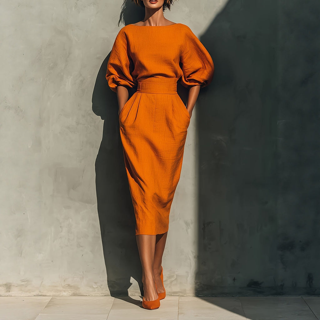 Ship collar A-line skirt shoulder bubble sleeve top high waist pleated half skirt