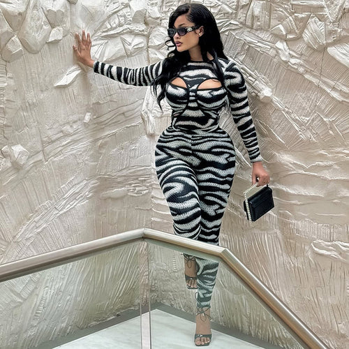 Autumn Winter Women's Zebra Print Hollow Out Bodysuit with Skinny Pants Set, Sexy Outfit