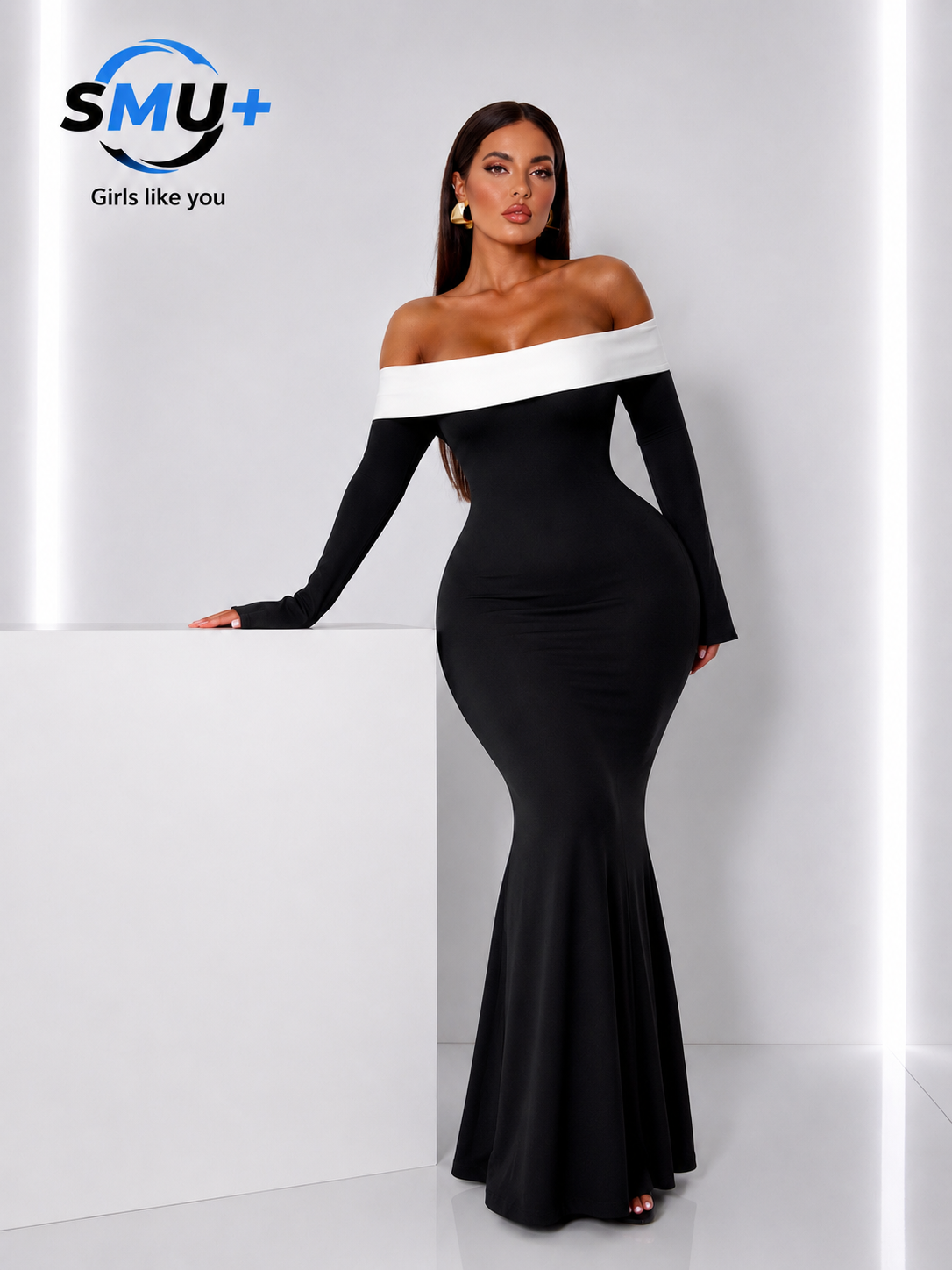 Shoulder Contrast Color Knitted Maxi Dress Women Long Sleeve Bodycon Dresses Summer Female Chic Party Evening Robe