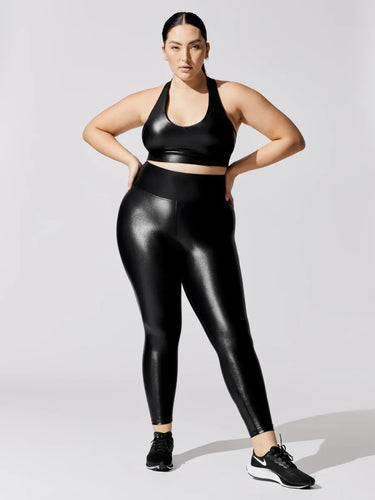 Women's  Shiny Fabric Leather Like Quick Dry Sport Bra Top High Waist Legging Yoga Set